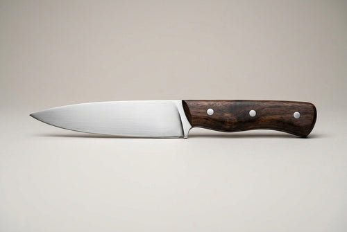 A small fixed-blade knife with a satin finish steel blade and a contoured reddish-brown wooden handle secured by three brass rivets, resting on a wooden surface.